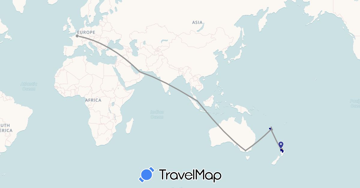 TravelMap itinerary: driving, bus, plane, hiking, boat, hitchhiking in United Arab Emirates, Australia, France, New Caledonia, New Zealand, Singapore (Asia, Europe, Oceania)